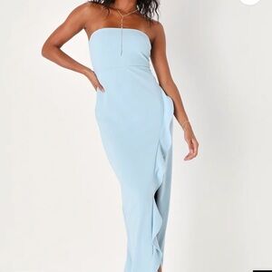 Lulu's Light Blue Strapless Ruffled Maxi Dress